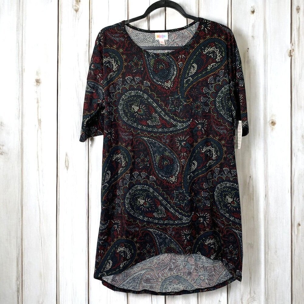 Lularoe Irma Half Sleeve Tunic High Low Polyester Blend Sz Sm Black Red Paisley